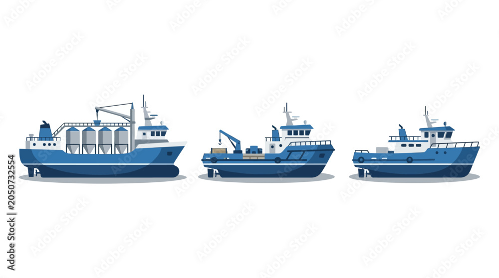 Fototapeta premium Three blue fishing boats sail across calm waters side by side