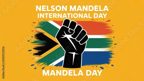 Nelson Mandela International Day poster with black fist and South African flag on yellow background