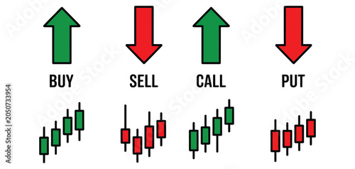 Quadro su tela Icons for Trading Terms Call Put Buy Sell Short and Long Featuring Green and Red