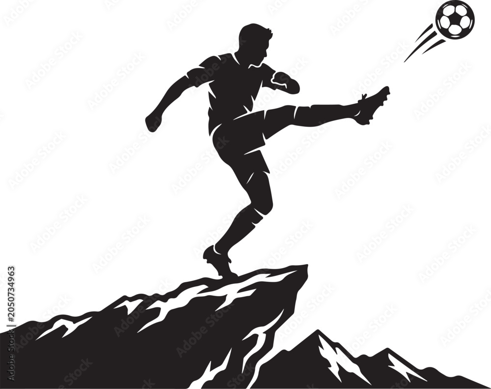 Fototapeta premium Silhouette soccer player kicking ball, mountain landscape, black vector icon, sports illustration