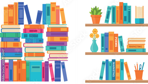 Foto Colorful book stack and wooden shelves vector illustration set with literature m