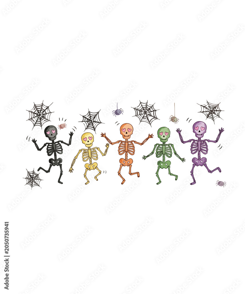 Fototapeta premium Halloween dancing skeletons illustration, colorful cartoon skeleton characters with spider webs, spooky festive party banner on white background
