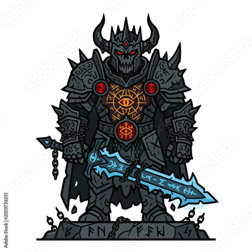 Dark Fantasy Death Knight Warrior With Rune Sword Vector Illustration
