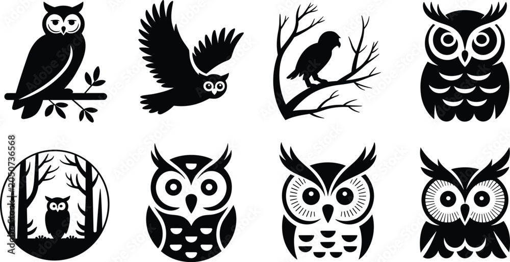 Obraz premium Black Silhouette Vector Illustrations of Owls Featuring Flying Owl, Perched Owl, Stylized Owl Faces, and Forest Scene Designs