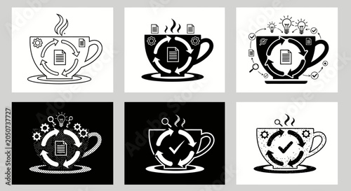 Business coffee cup process cycle icons set illustrating productivity workflow steps data analysis document management office culture project optimization ideas