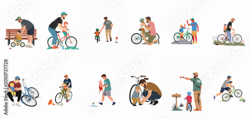 Photography Illustrations of fathers teaching their young children how to ride bicycles and enjoying various outdoor bonding activities together in a vector style
