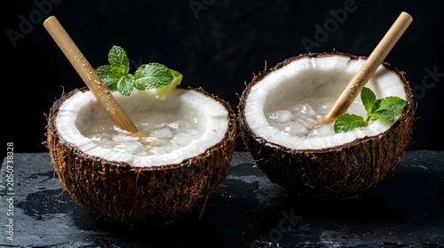 Two coconut halves filled with ice and garnished with mint leaves on a dark surface