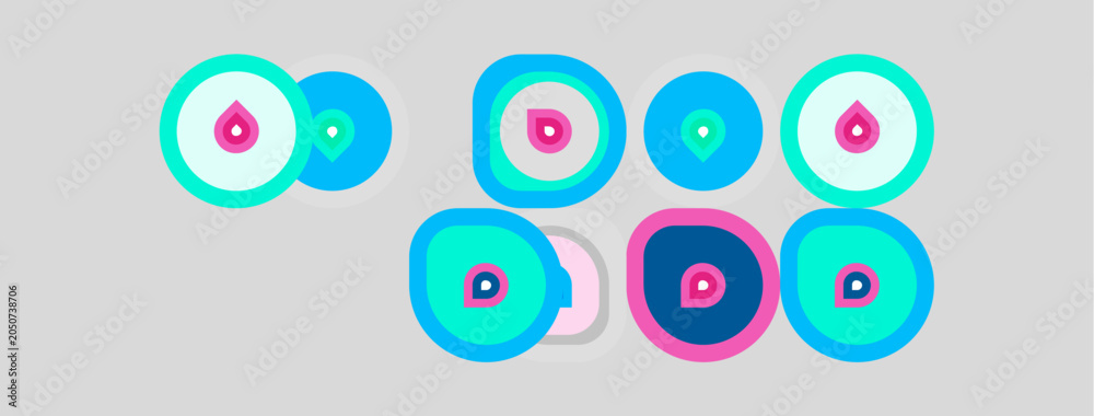 Fototapeta premium Colorful eyes, possibly charms, arranged on gray background. Round shapes dominate composition, featuring teal, pink, blue hues.