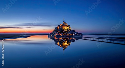 Illuminated Mont Saint Michel Abbey at Dusk With Reflective Waters and Wooden Boardwalk
