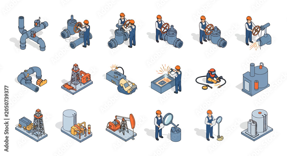 Fototapeta premium Isometric Industrial Workers and Equipment Set for Oil and Gas Industry.
