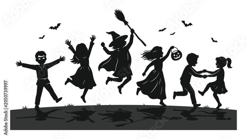 Foto Children dressed in costumes are jumping and playing outdoors during a festive Halloween celebration