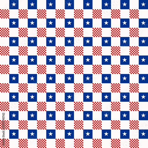 Seamless patriotic pattern featuring blue star squares alternating with red gingham checker blocks in a classic quilt-inspired layout.
