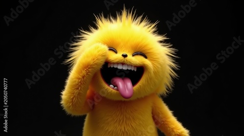Cute fluffy yellow monster character laughing out loud with a big smile and sticking its tongue out on black background