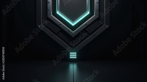 Futuristic dark metal shield door with glowing neon blue light lines in a modern high tech sci fi spaceship interior