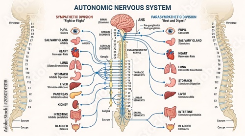 Detailed chart of the human autonomic nervous system and spinal cord