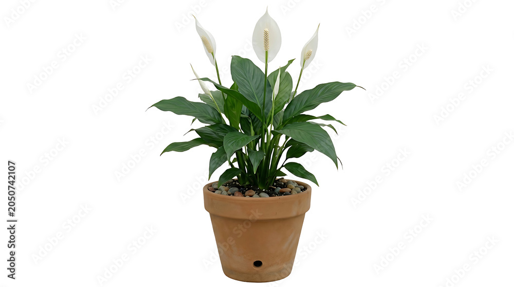 Fototapeta premium Peace lily plant in terracotta pot isolated on transparent PNG background, elegant indoor houseplant for home decor and gardening concept