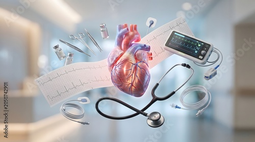 Anatomical Heart with Medical Equipment and Data Floating in a Hospital Setting