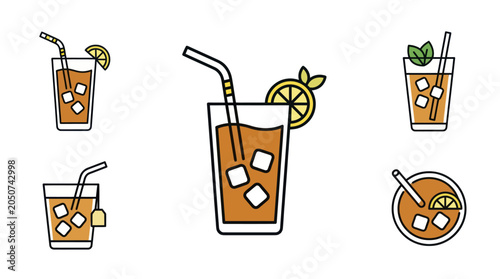Colorful refreshing iced tea and fruit cocktail icons.