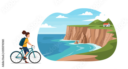 Εκτύπωση καμβά Woman cycling on coastal path with scenic ocean cliff and seaside village view