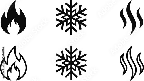 flame snowflake hot cold icon set with simple black symbols on white background