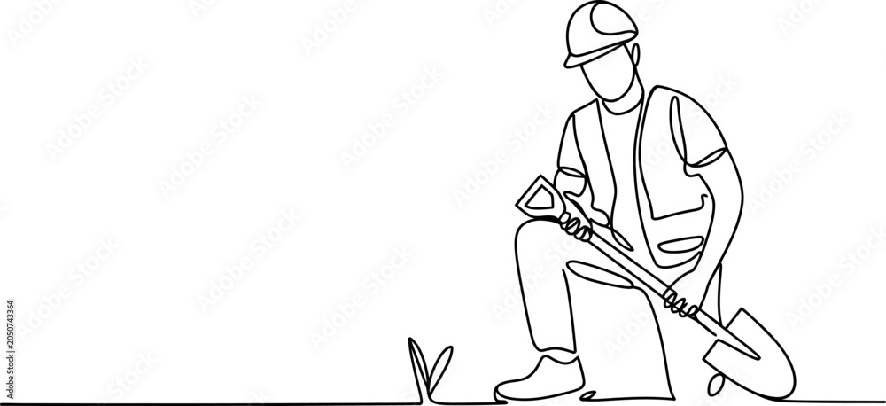Obraz premium Continuous line drawing of a construction worker kneeling and digging with a shovel
