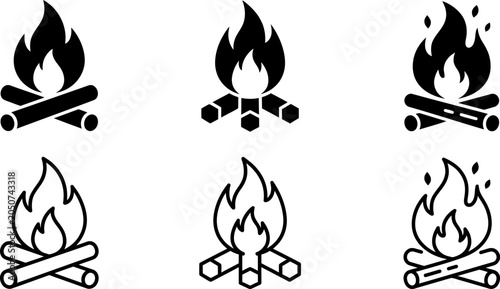 campfire icon collection with flames and crossed logs for outdoor camping emblems