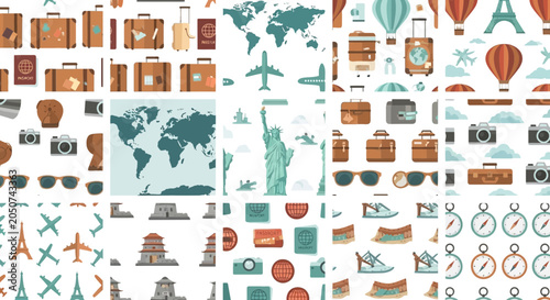 Konstfotografi Travel collage: vintage luggage, world map, landmarks, airplane, hot air balloon
