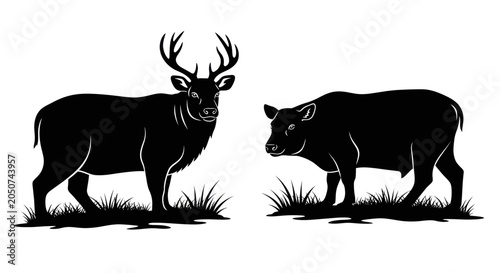 Tablou pe pânză Two animals, a deer and a boar, stand facing each other in grass.