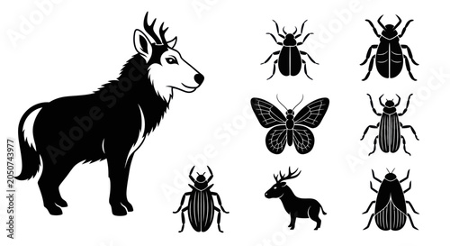 Fotografía A goat and deer stand alongside various insects in a natural setting