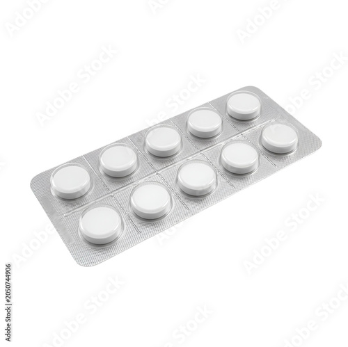 Pill blister pack with ten round white pills on a white background