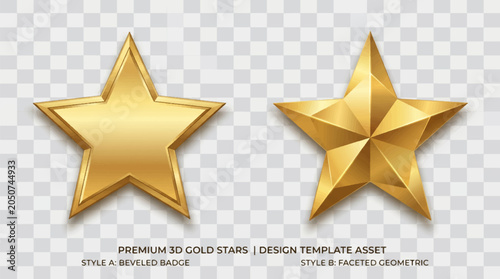 Photos Two golden five pointed stars with beveled and faceted surfaces on a transparent