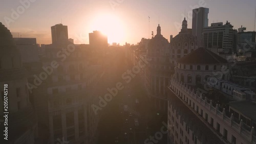 Sunset over city buildings and streets in Buenos Aires