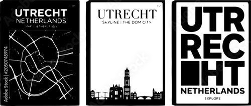 Fotografie Utrecht Netherlands Skyline Vector Illustrations Featuring City Map Dom Tower An