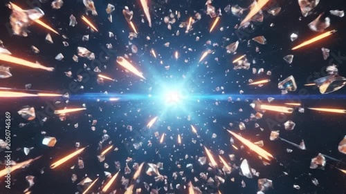 Abstract explosion of geometric shapes with bright light in the center