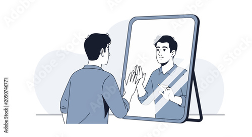 Man Looking in Mirror, Reflection of Self, Self-Awareness, Identity and Personal Growth Concept, Minimalist Illustration