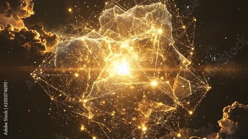 Abstract geometric shape with glowing lights in the dark space background