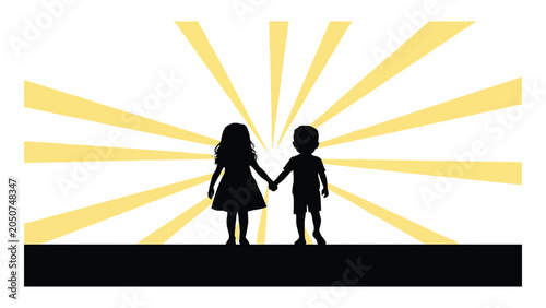 Картината върху платно Children silhouettes hold hands against a backdrop of glowing sun rays to depict childhood innocence