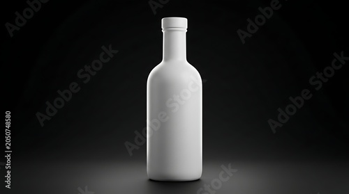 Isolated matte white glass bottle mockup on dark background for branding presentation, beverage packaging, liquid container