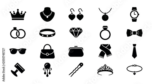 Set of minimalist black jewelry and fashion accessory silhouette icons including rings, necklaces, watches and handbags, representing luxury retail branding and boutique e-commerce assets