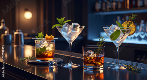 Luxury Craft Cocktails on Elegant Bar Counter in Upscale Restaurant Lounge