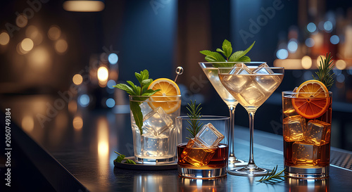 Luxury Craft Cocktails on Elegant Bar Counter in Upscale Restaurant Lounge