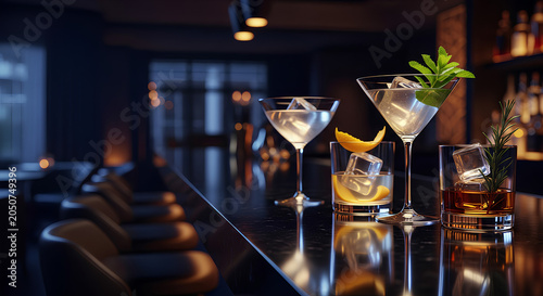 Luxury Craft Cocktails on Elegant Bar Counter in Upscale Restaurant Lounge