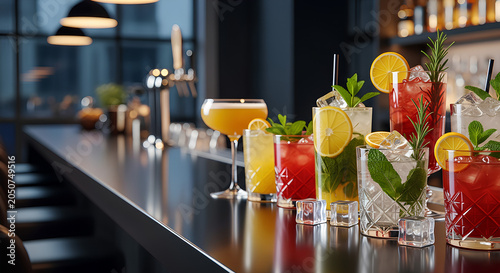 Luxury Craft Cocktails on Elegant Bar Counter in Upscale Restaurant Lounge