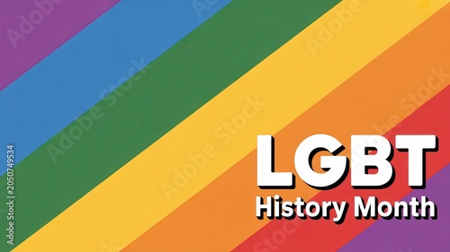 LGBT History Month graphic with diagonal rainbow flag background