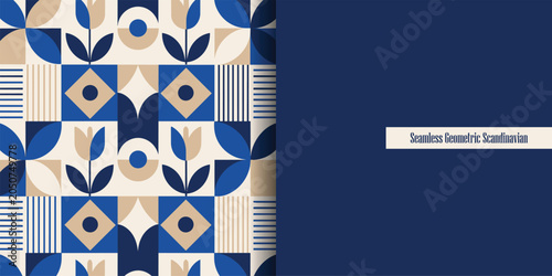 Seamless Scandinavian Geometric Pattern with Modern Blue Floral Retro Design