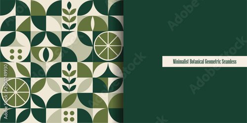 Minimalist Botanical Geometric Seamless Pattern with Retro Green Scandinavian Design