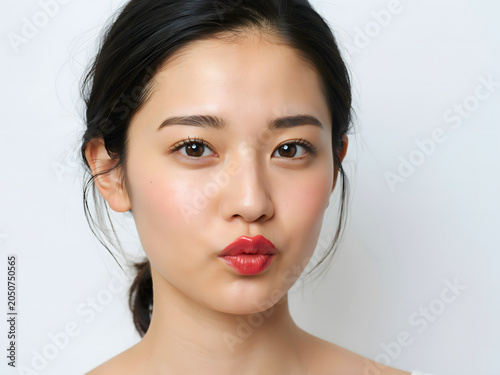 Beautiful asian woman with red lipstick making pouty lips for kiss.
