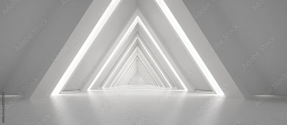 Naklejka premium A bright, all-white triangular architectural corridor, lit up with linear lighting that leads into infinity