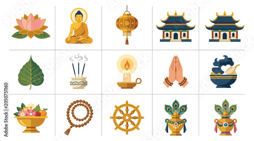 Schilderij op canvas Buddhist Celebration Set Vesak Day Icons and Symbols for Devotional Art and Cult