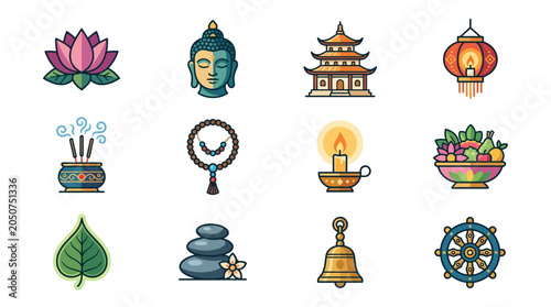 Slika na platnu Vesak festival symbols pack icons representing Buddhism culture spirituality and